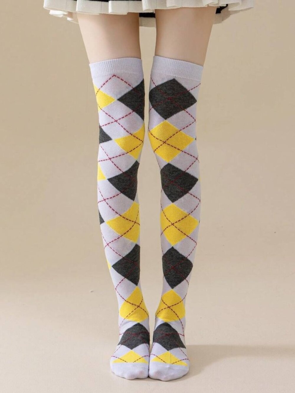 Women's Argyle Diamond Plaid White Yellow Grey Over The Knee Thigh High Socks